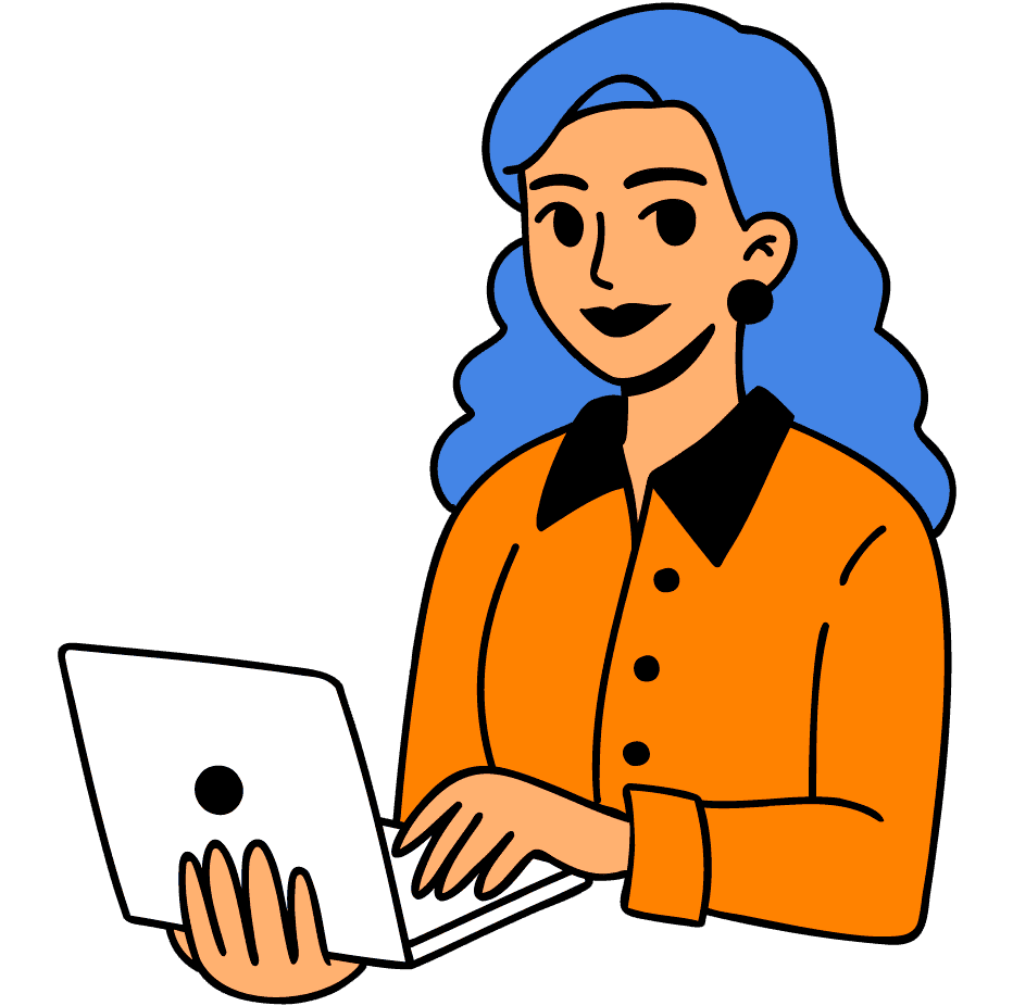 Vibrant illustration of a woman with blue hair using a laptop, symbolizing digital engagement and online communication in health and nutrition.