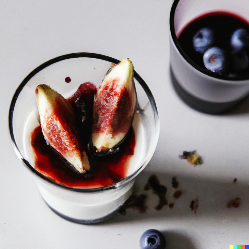Fresh fig dessert with Greek yogurt and berry compote, served in a glass, featuring blueberries and a drizzle of fruit syrup, perfect for healthy snacking and nutritional benefits.