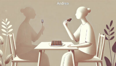 Illustrazione minimalista di una persona che pratica il mindful eating, gustando consapevolmente un pezzo di cioccolato. Di fronte a lei, un'ombra con una forchetta simboleggia il contrasto con il mangiare automatico.