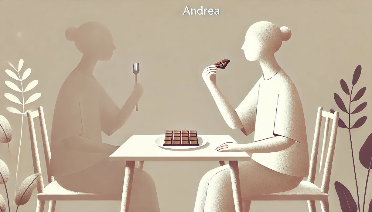 Illustrazione minimalista di una persona che pratica il mindful eating, gustando consapevolmente un pezzo di cioccolato. Di fronte a lei, un'ombra con una forchetta simboleggia il contrasto con il mangiare automatico.