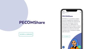 Schermata della piattaforma PECOMShare di PECOM. A sinistra un pulsante "Scopri il servizio" e a destra, lo schermo di un telefono che mostra la descrizione della piattaforma.
